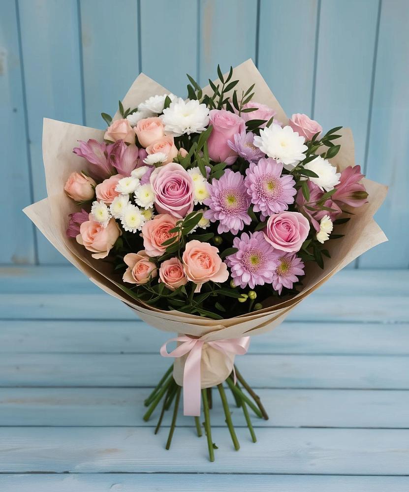 Букет цветов из: Хризантемы, Розы и Альстромерии в Буе