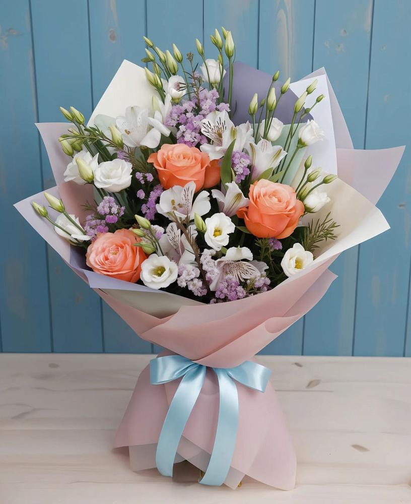 Букет цветов из: Лизиантусы, Розы, Альстромерии и Гипсофила в Буе