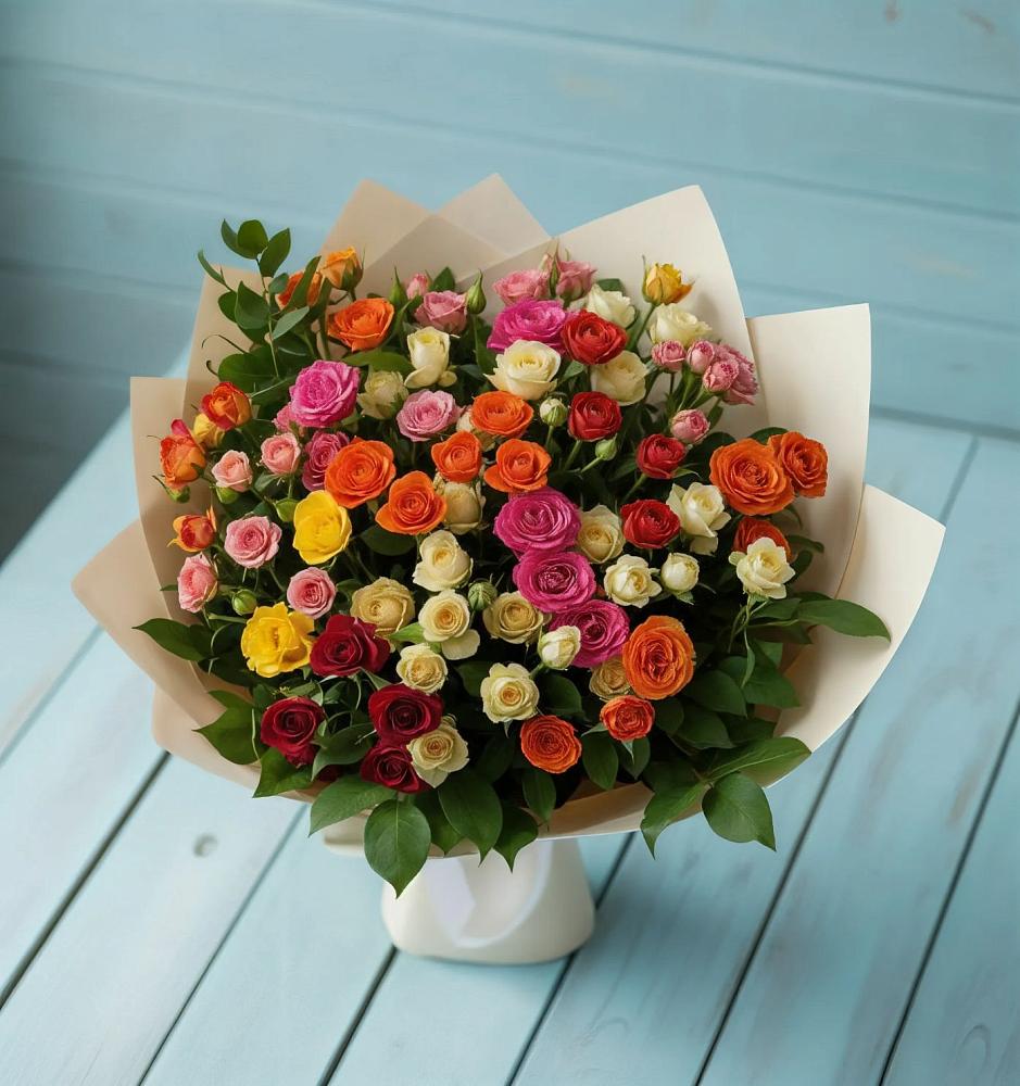 Букет Микс из разноцветных кустовых роз в Буе