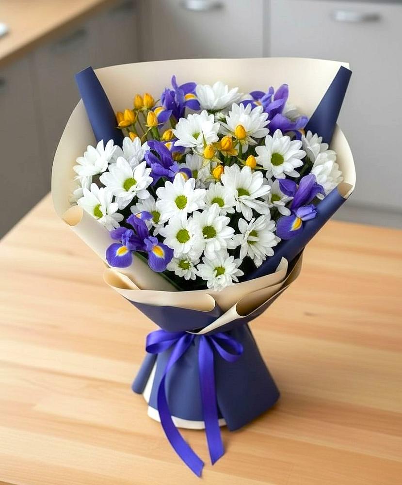 Букет цветов из: Розы, Ирисы и Хризантемы в Буе
