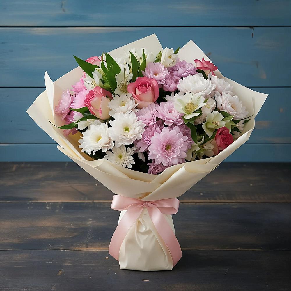 Букет цветов из: Хризантемы, Альстромерии и Розы в Буе